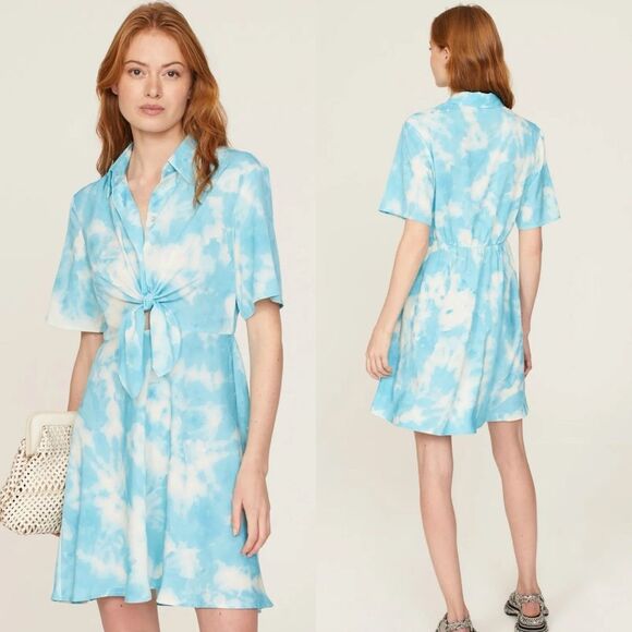 Thakoon Blue White Tie-Dye Tie Front Shirt Dress Size 8 Short Sleeves - Picture 1 of 6